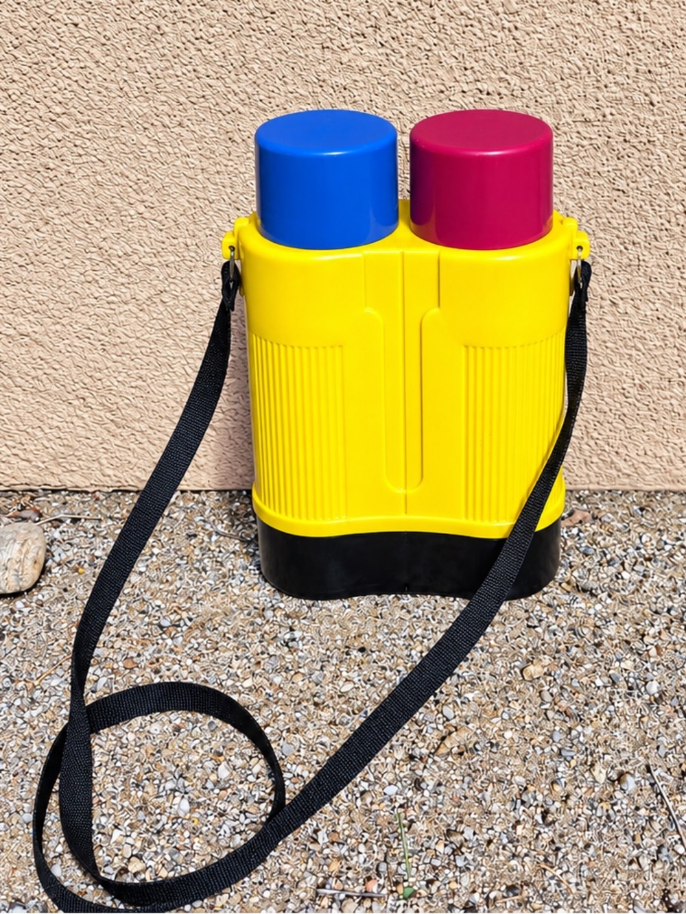 Vintage Yellow Double Canteen Thermos Set Blue Red Cups Black Shoulder Strap